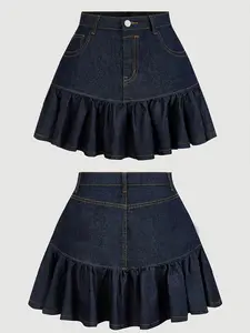 Women's Casual Fashion Solid Denim Ruffle Half Skirt, Flowy Casual Skirt, Daily Wear Ladies' Jean Skirt, Comfortable, Chic and Stylish, Fit, Perfect for Everyday Use
