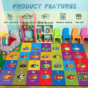 Multicolor Kids Handprint Animal Alphabet Educational Crystal Velvet Area Rug Non‑Slip Playroom Modern Learning Rug#KidsHandprintAlphabetRug #AnimalLetterEducationalRug #PlayroomDecor #ColorfulLearningCarpet #CrystalVelvetRug