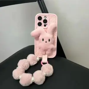 Autumn and winter plush pink foldable-eared rabbit protective phone case with pink wrist strap, suitable For iPhone17,16,15,14,13,12Pro Max Cover, Accessories