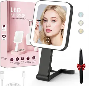 Travel Mirror with Lights, Magnifying Mirror 10X/1X-Sided, 3 Color Lighting, Dimming, Tweezers, Lighted Makeup Mirror for Desk, Trip, Office (10.3"x5.2")