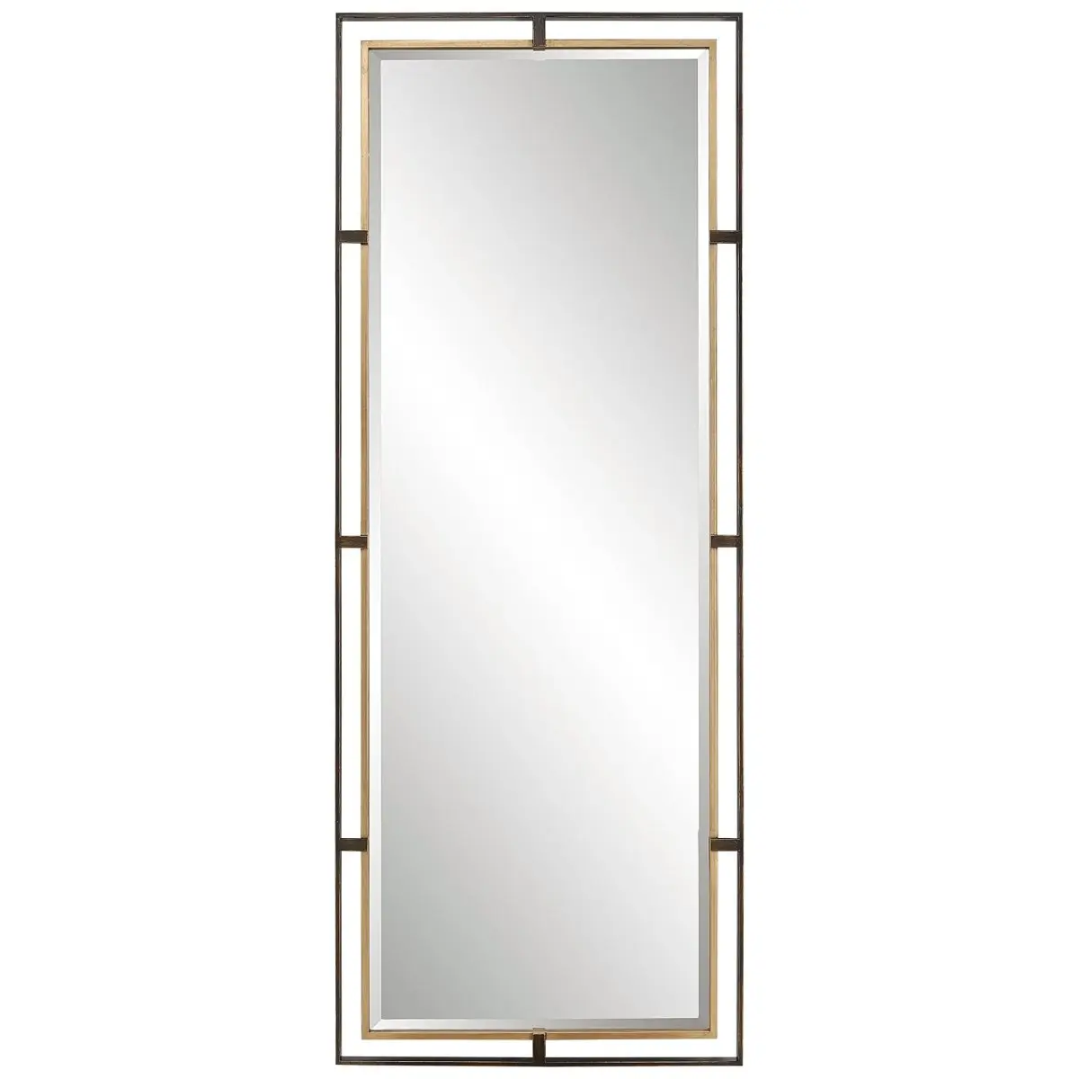 Rustic Full Length Mirror - Carrizo Tall Bronze-Gold Iron Frame Rectangle Mirror with Beveled Edge, 3-Dimensional MDF Leaf Design, Glass Surface Home Decor Accessory