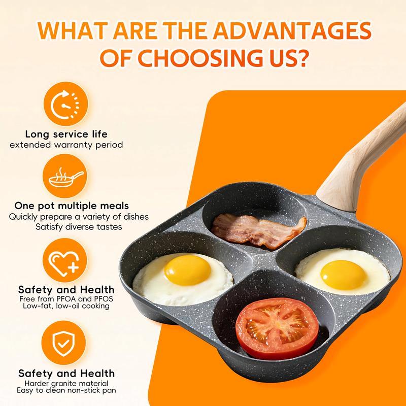4-Hole Non-Stick Egg Frying Pan with Handle – Multi-Section Omelet & Pancake Skillet, 4-Cup Breakfast Cooker for Eggs, Burgers, Pancakes & Sausage, Compact Induction Compatible Nonstick Kitchen Pan