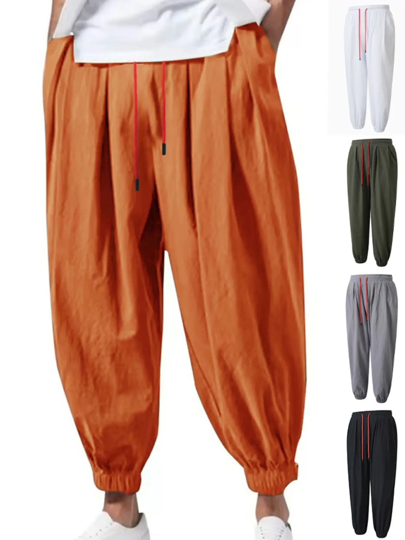 Men's New Loose-Fit Linen Plain Elastic Pants, Casual Solid Drawstring, Summer Thin Wide Leg Harem Trousers, Breathable Quick-Dry Sweatpants for Spring, Summer, Fall, Loose Casual Bottoms