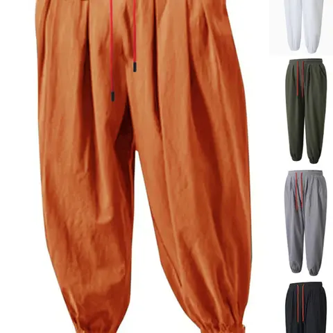 Men's New Loose-Fit Linen Plain Elastic Pants, Casual Solid Drawstring, Summer Thin Wide Leg Harem Trousers, Breathable Quick-Dry Sweatpants for Spring, Summer, Fall, Loose Casual Bottoms, Casual Wear Bottoms