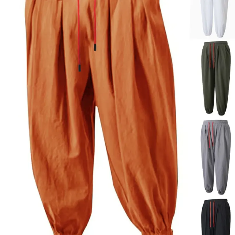 Men's New Loose-Fit Linen Plain Elastic Pants, Casual Solid Drawstring, Summer Thin Wide Leg Harem Trousers, Breathable Quick-Dry Sweatpants for Spring, Summer, Fall, Loose Casual Bottoms, Casual Wear Bottoms
