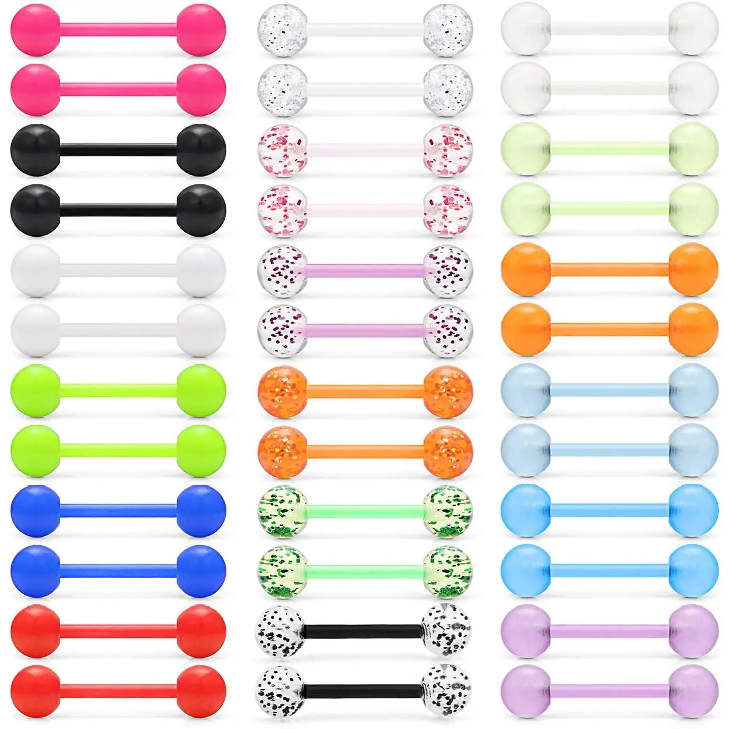 Flexible Plastic Nipple Rings & Tongue Barbells, 36-Piece Glow in the Dark and Glitter Piercing Jewelry Set for Women Men, 14G 16mm