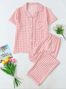 Women's Gingham Print Short Sleeve Tee & Pants Pyjama, Casual Comfy Round Neck T-shirt & Trousers PJ Set, Ladies Sleepwear for All Seasons, Loungewear, Pajama Set, Sleepwear Pajamas Set, Casual Pajama Sets