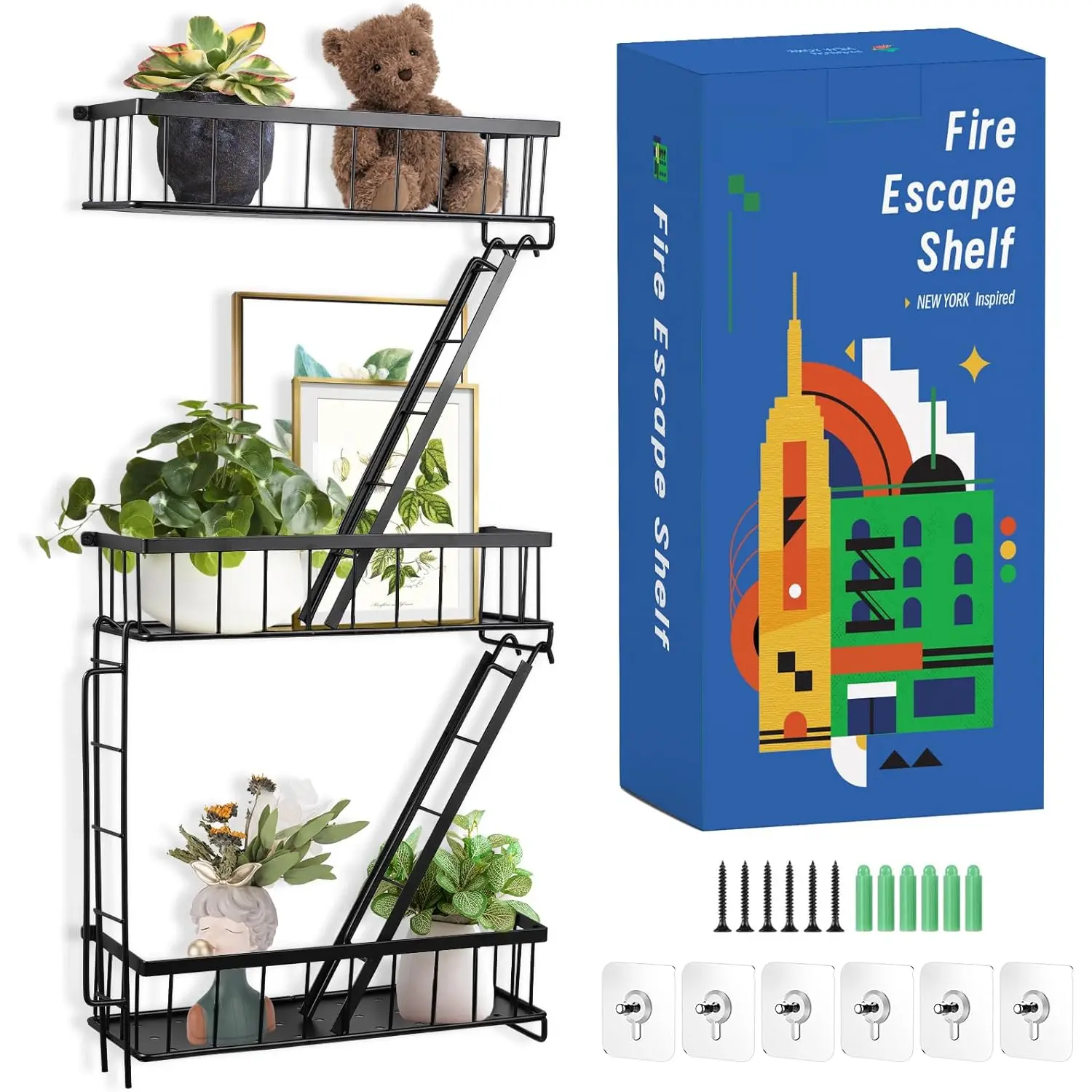 Fire Escape Wall Shelf -  York Decorative Ladder Shelf, Wall Art Floating Shelf Black Metal Shelves for Bedroom, Home Office Storage and Display (3-Tier)