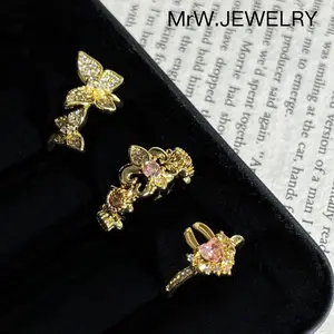 Vintage Style Iris Flower Light Luxury Sweet Cool Pink Diamond Stacking Ring for Women Full Diamond Butterfly High-end Minimalist Index Finger Ring