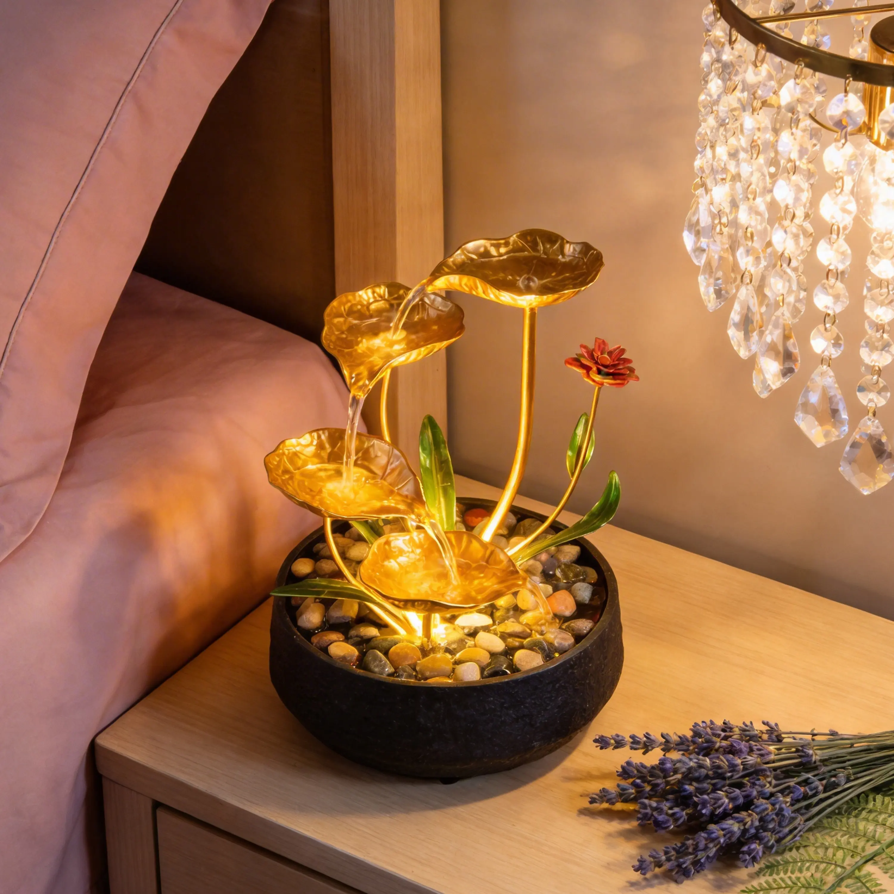 Modern Decorative Metal Lotus Circulating Tabletop Fountain Boxed Set - Compact Mini Table Decoration, Warm Yellow Ambient Light, Gentle Flow, Plug-and-Play Design for Zen Tranquility, Living Room, Office Use