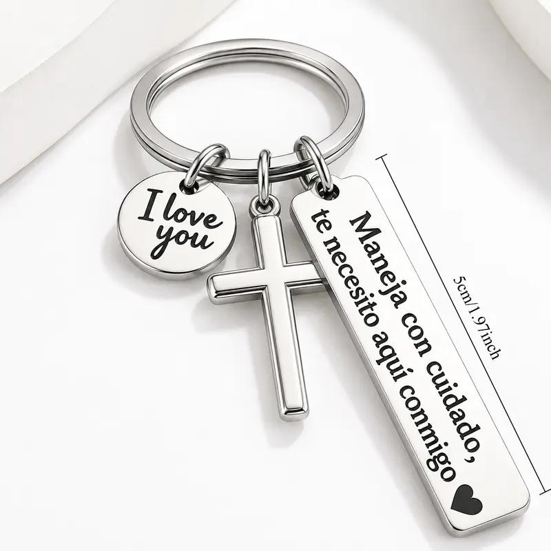 Minimalist Unisex Anti-Rust Stainless Steel Spanish Drive Safe Keychain Set - Spanish Engraving, Sentimental Text, Black Cross, "I Love You" Charm, Adjustable Heart Rate Bracelet, Rectangular Tag, Couple Gifts, EDC Automobile Gear, Daily Wear