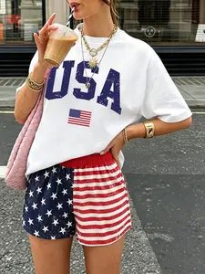 Y2K Women's Retro Flag Letter Printed Loose Round Neck T-shirt+American Flag Shorts Set - A casual summer street style outfit suitable for daily leisure, sports and fitness, patriotic themed festivals, Independence Day wear