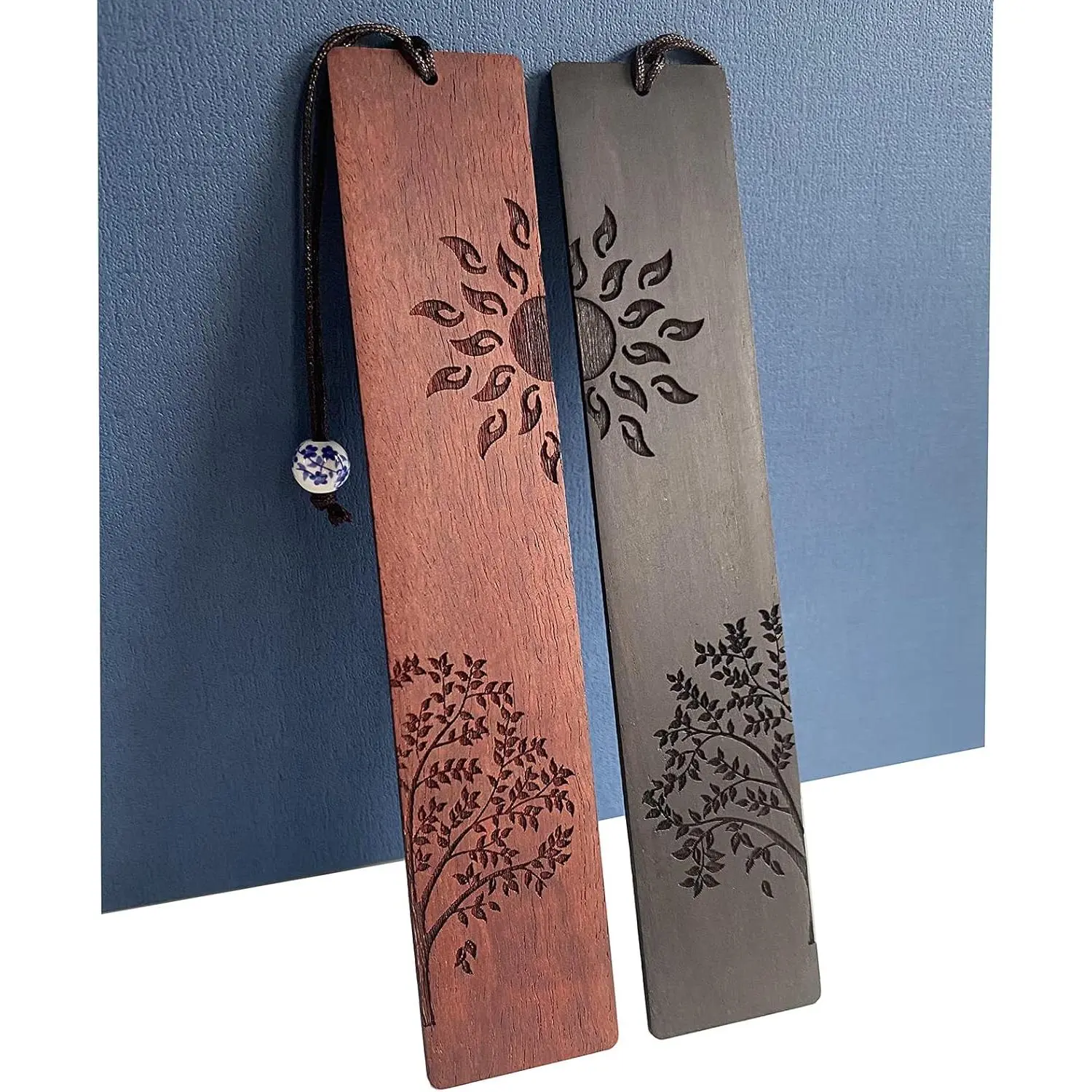 Wooden Bookmarks (2-Count, 5.6*1.06*0.08in) - Christian Valentine Sun and Moon Themed Office Stationery with Exquisite Engraving Craftsmanship, Tree-Inspired Thank You Gift Idea for Librarians, Set Pair