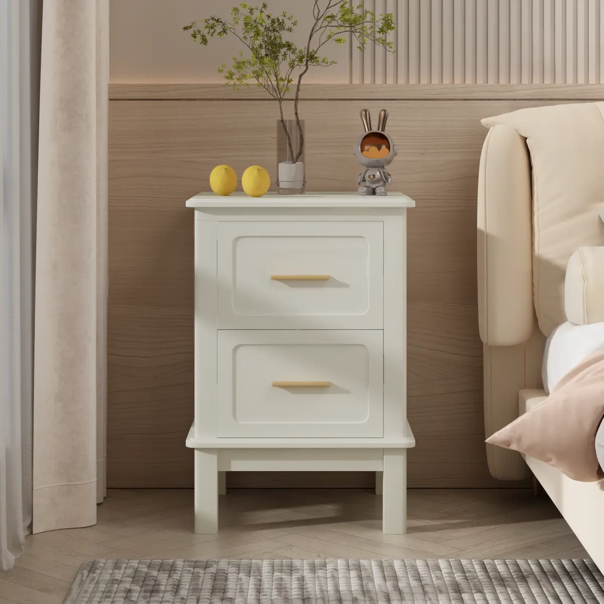 Modern  Nightstand with 2 Drawers, Bedroom Bedside Table with Gold Handles, Sturdy Wood Accent Table for Small Spaces, Living Room, Kids Room & Guest Room-Off White