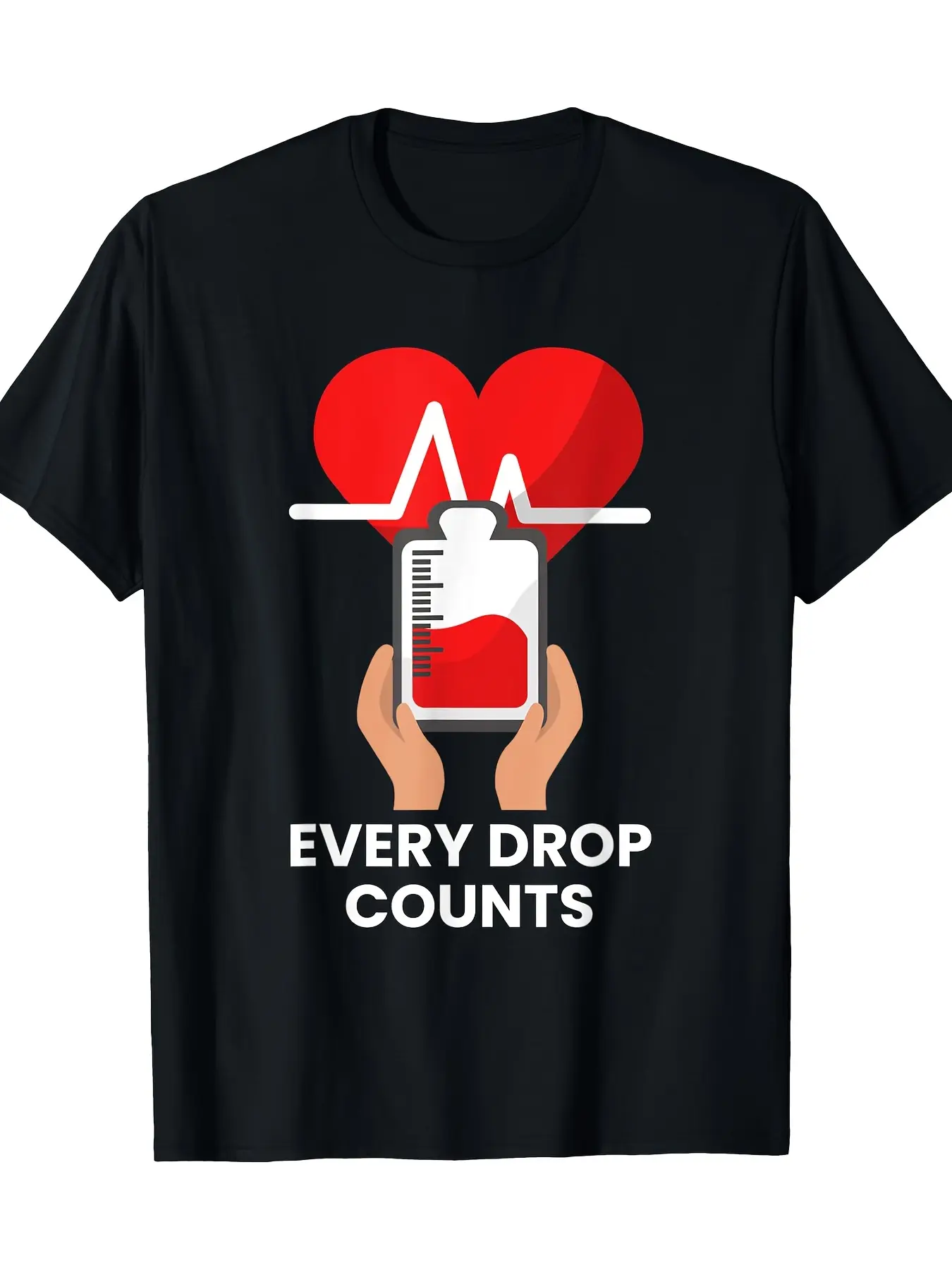 World Blood Donor Day T-shirt, 100% cotton round neck short sleeve T-shirt with geometric heartbeat pattern, casual four seasons knitted fabric top,..., breathable comfort, minimalist style, for adults, office commute