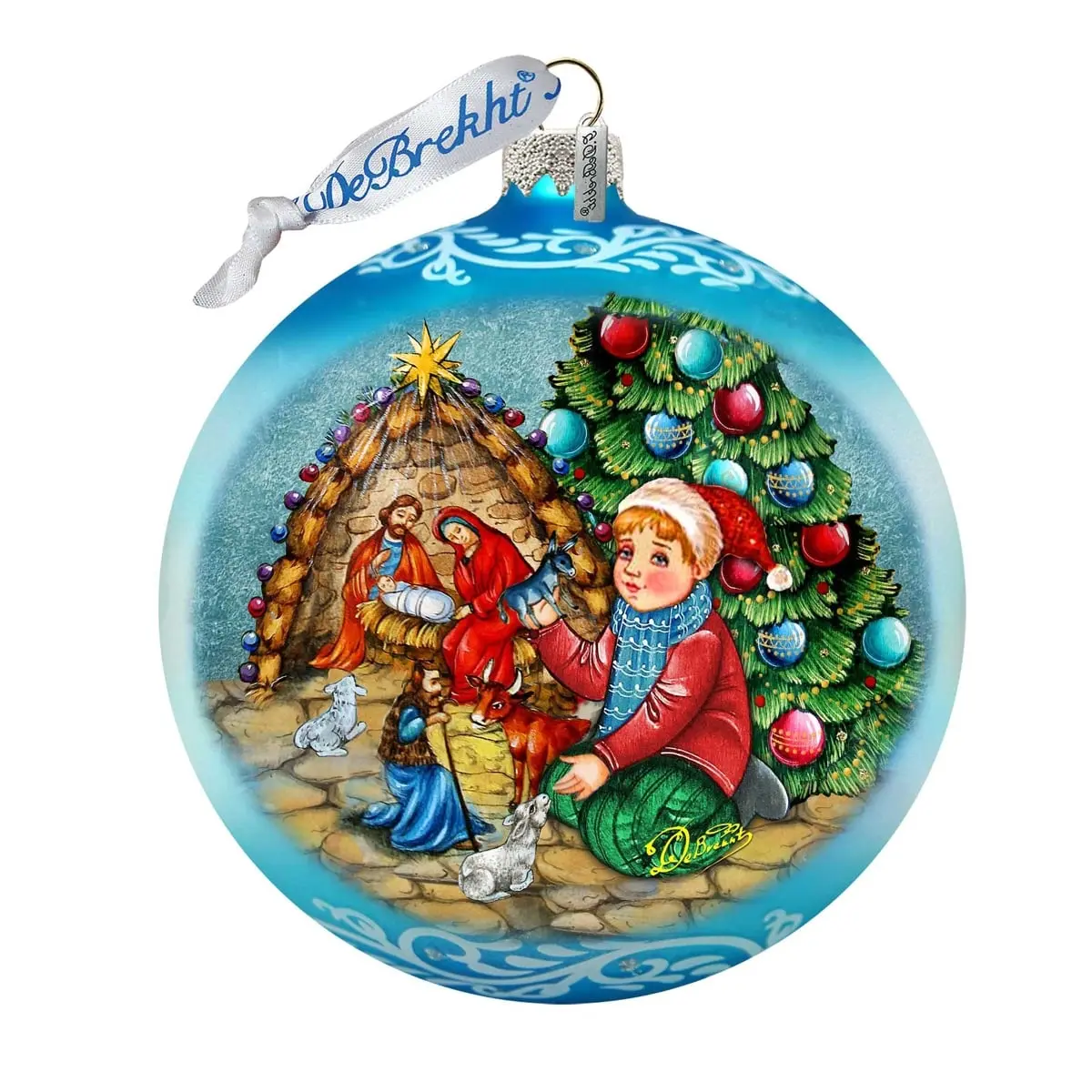 G.DeBrekht 73930B Handmade Nativity Glass Painting Collectible Ornament - 5x5.5 in. Large Blue Ribbon-Adorned Limited-Edition Tree Decor, Holiday Gift for Mothers with Satin Box, 5 X 5.5 In.