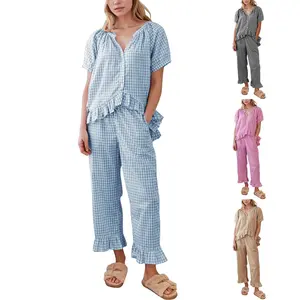 Womens Gingham Pajama Set Y2k Short Sleeve Babydoll Shirt and Pants Plaid 2 Piece Pajama Set Cute Sleepwear for Home