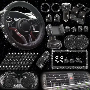 27 Pack Bling Car Accessories Set, Steering Wheel Cover Women Universal Fit 15 Inch, Bling License Plate Frame, Bling Car Vent Outlet Trims, Bling USB Charger, Bling Car Phone Holder (Black)