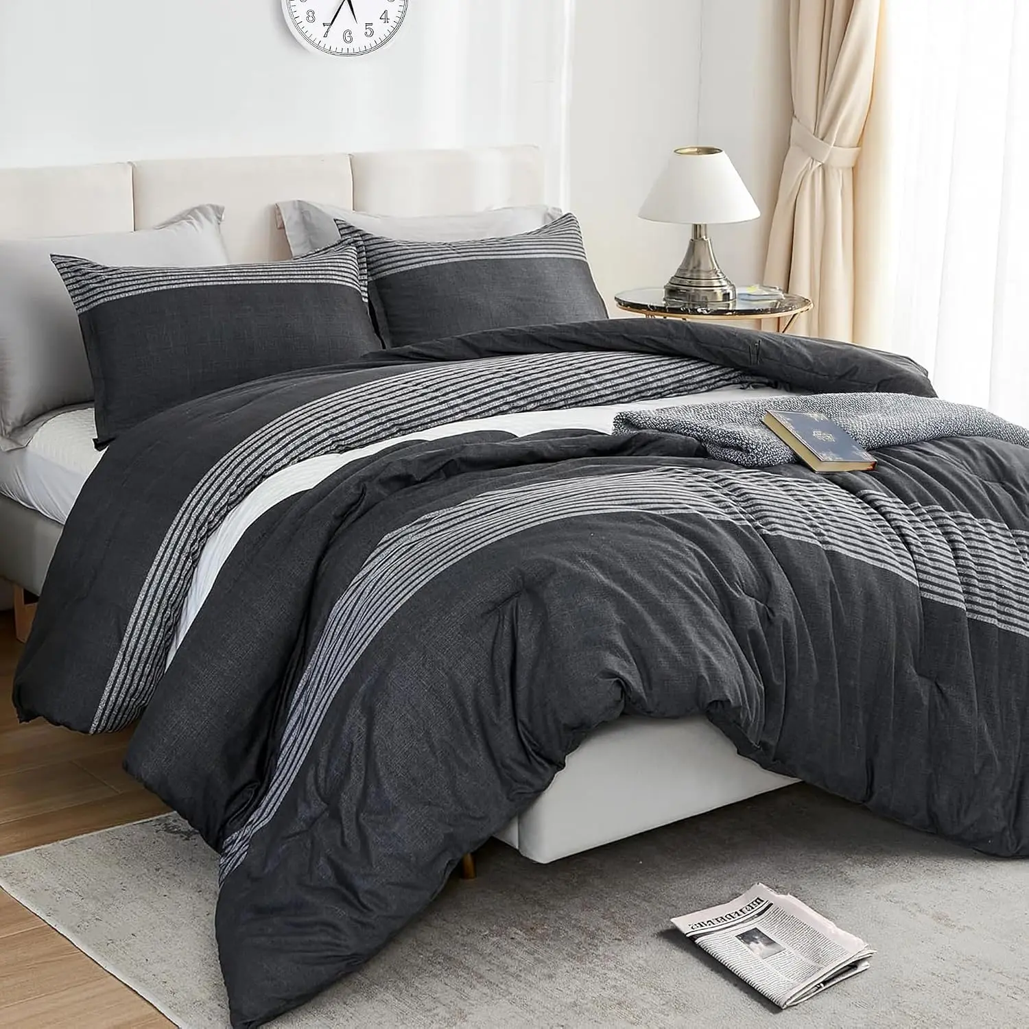Striped Dark Grey Comforter Set with 2 Pillow Shams, Modern Geometric Stripe Bedding Set Soft Breathable Bed Set All Season
