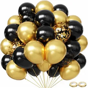 Black and Gold Balloons,60pcs Black Balloons,12 Inch Gold Balloons,Black and Gold Confetti Balloons with Gold Ribbon for New Year Wedding Bridal Shower Party Decorations