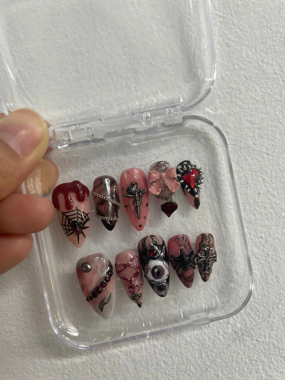 Red Gothic Pointed Press-On Nails, Handmade Reusable 3D Soft Gel False Nail Set-1