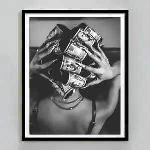 Black Woman with Money on Head Print, Black and White Wall Art Decor Poster