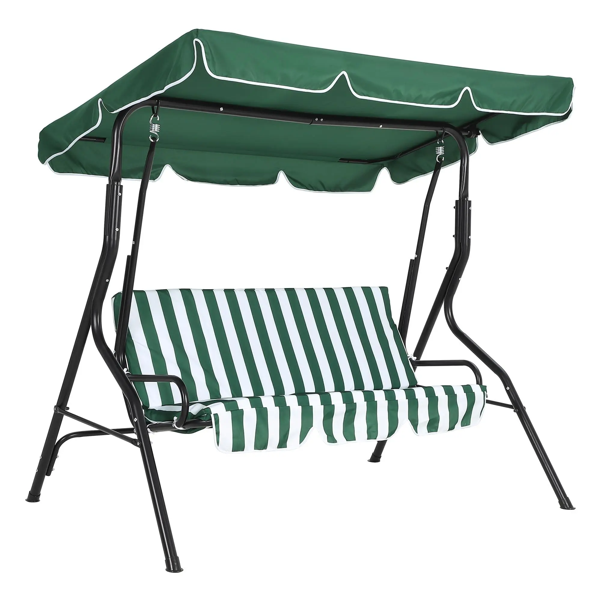 3-Seat Outdoor Porch Swing Chair with Adjustable Canopy, Thick Cushions & Steel Frame - Adult Patio Glider Bench for Backyard, Lawn, Garden (Green&White), Three Seats