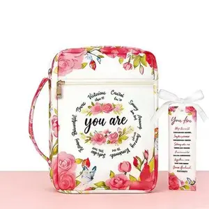 Quilted Floral Bible Bag Aesthetic Scripture Carrying Case with Handle & Front Pocket