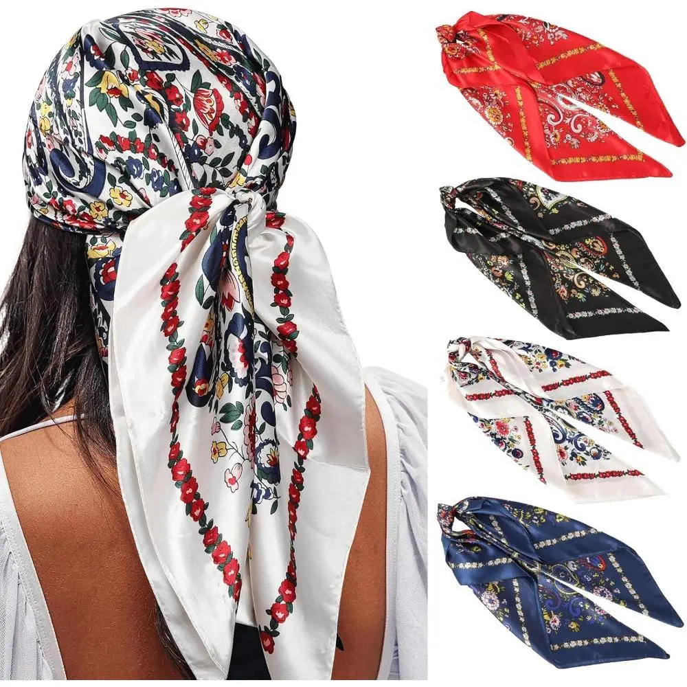 Pack of 4 Satin Large Square Headscarf, 35 Inches Large Hair Bandana Head Fashion Pattern Hair Scarves, Silk Like Neck Scarf Hair Sleeping Wraps Satin Silk Scarfs For Women