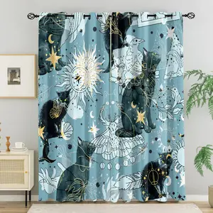 2PCS Starry Night Black Cat Blackout Curtains, Magic Sun & Moon Pattern High Blackout Fabric, Warm Atmosphere Window Decor for Bedroom, Dorm, Apartment, Block Out Light & Aid Sleep, Ideal for Women, Teens & Cat Lovers