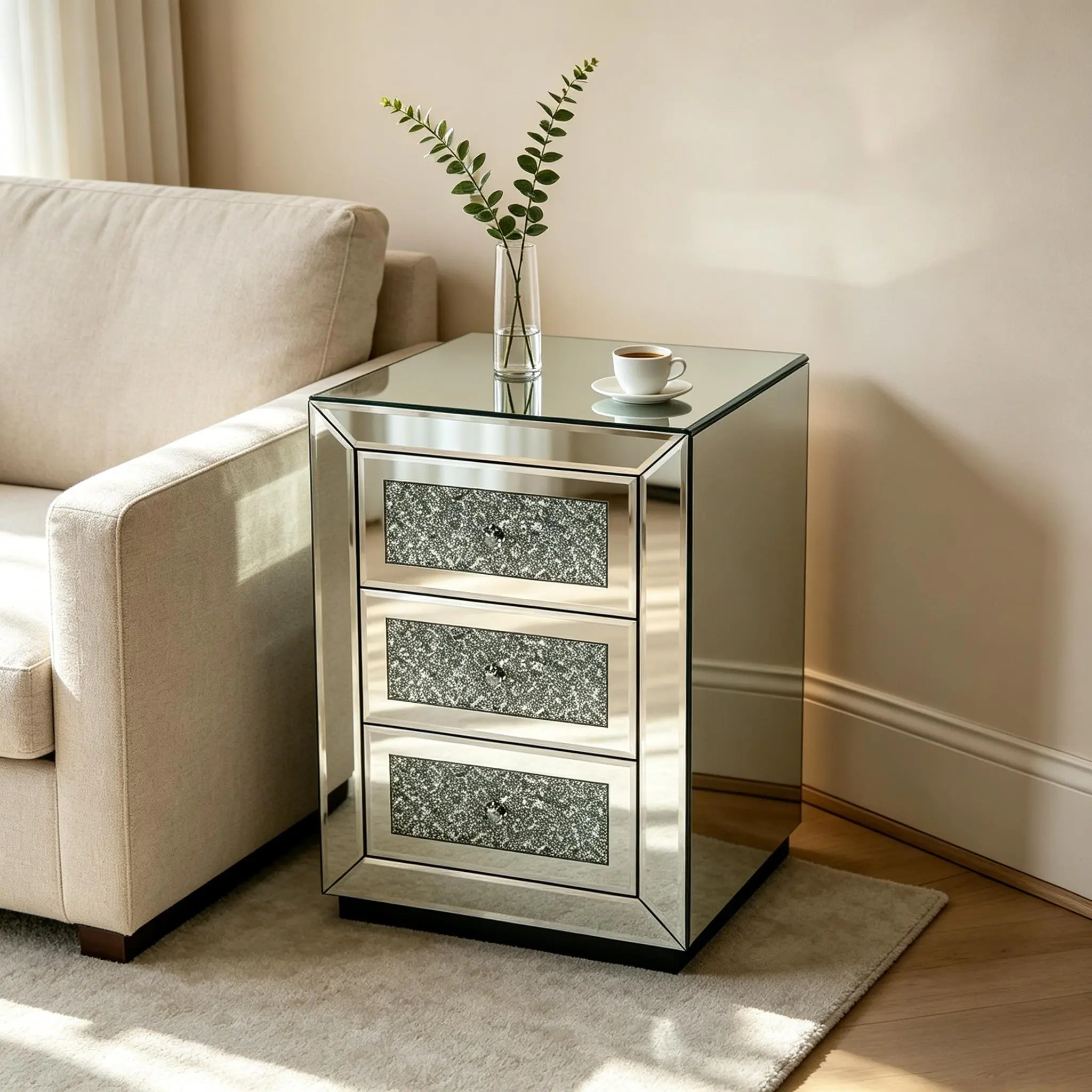 Silver 3-Drawer Mirrored Nightstand (15.75"x15.75"x22.8") - Luxury High Gloss Multi-Drawer Bedroom Furniture, Glitter Crystal Glass Accent End Table, Modern Glam Storage Cabinet for Bedroom Living Room, High Gloss Finish Bedroom Furniture