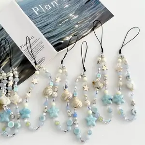Blue Star Seashell Beaded Phone Strap Cute Charm Chain Phone Lanyard Keychain Woman Girl Bag Pendant DIY Chain For iPhone Case