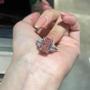 Women's Sotheby's-Inspired Luxury Heavy High Carbon Pink Diamond Ring, Large Carat Ice Flower Cut Fat Rectangular, Elegant Princess Bridal Statement Costume Jewelry