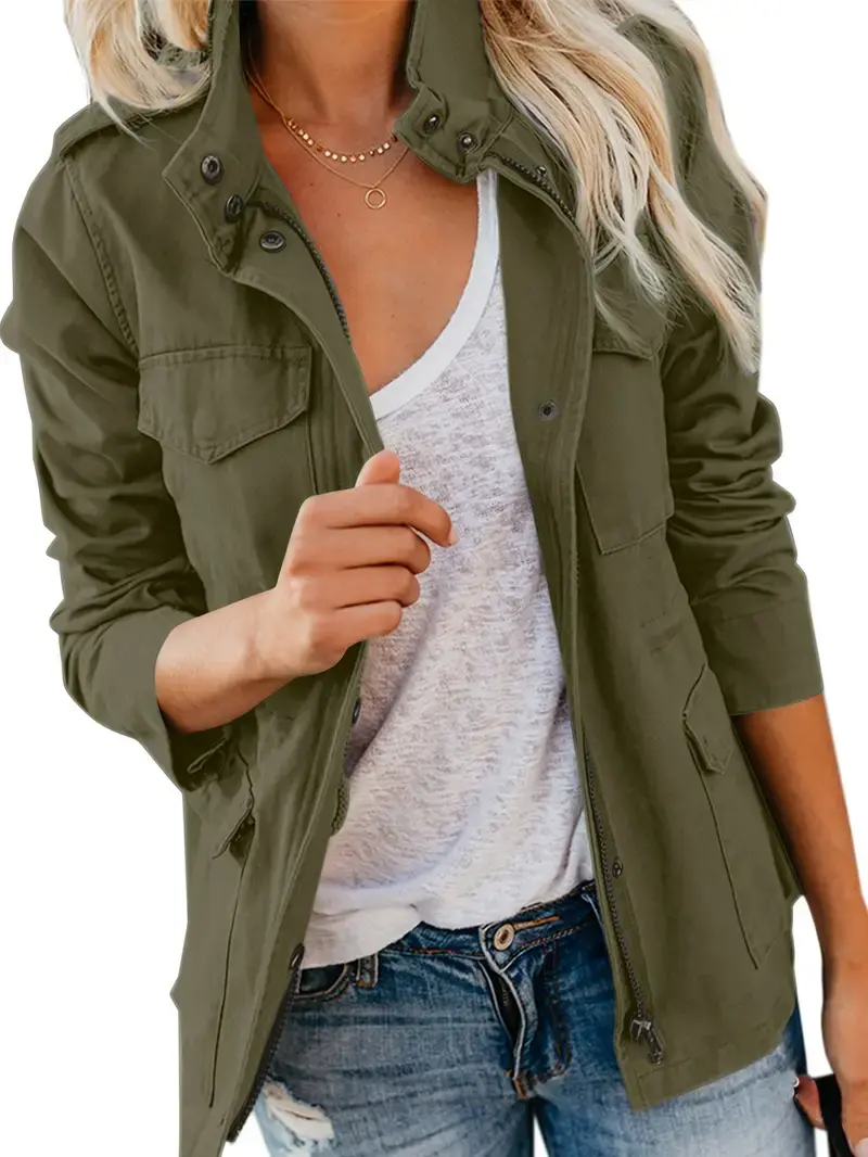 Women's Stylish Military Anorak Jacket - Zip Up Snap Buttons Parka with Pockets  Perfect for Casual and Outdoor Wear Safari Utility Coats Outwear with Pocket