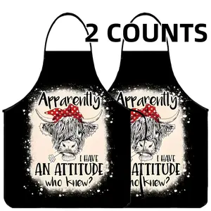 2-piece Set Attitude High Land Cow Print  Aprons, Unisex Polyester Cooking Apron, Kitchen Apron, Gift for Wife & GF, Valentine's Day Gift, Apron for Women,Nails Design Tool,Mother's Day Gift