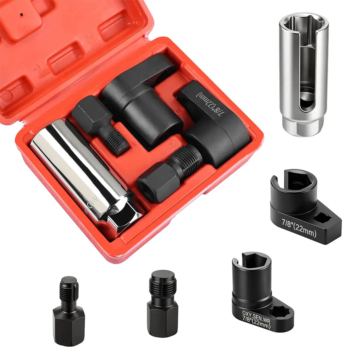 1 or 5PCS O2 Oxygen Sensor Socket Set, 1/2 & 3/8 in Drive, 7/8 in (22mm), Premium Removal Tool with Thread Chasers & Offset Wrenches, Heavy-Duty Automotive Kit for Easy Installation & Repair