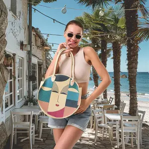 Geometric Abstract Face Design Rattan Bag, Large Capacity Shoulder Bag for Women, Casual Trendy Versatile High-quality Daily Commuting Bag, Girl Fashionable Shopping Bag