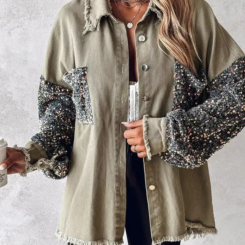 Women's Colorblock Sequin Patchwork Long Sleeve Jacket Top Button Front Raw Hem Shacket Women's Colorblock Sequin Patchwork Long Sleeve Jacket Top Button Front Raw Hem Shacket