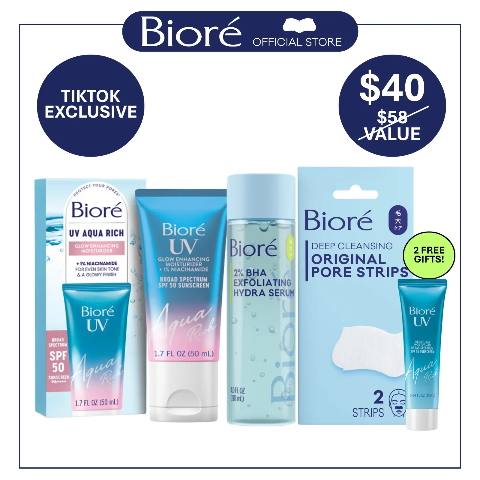 [NEW] Bioré Hydrate & Glow Set, Pore Refining 2% BHA Exfoliating Hydra Serum + UV Aqua Rich SPF 50 Glow Enhancing Moisturizer, FREE Mini UV SPF 50 + 2-Pack Pore Strips