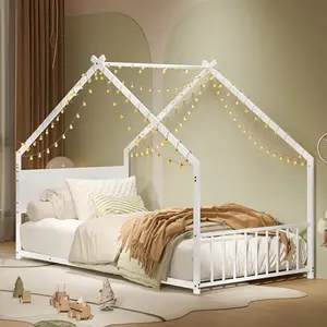 Twin Size House Bed with Roof and Colorful Lights, Metal Platform Bed Frame with Slats and Legs, House Bed for Boy, Girls and Young Teens, No Box Spring Needed