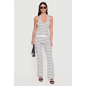 Striped Side Ruched Fold Over Waist Flare Leg Pants