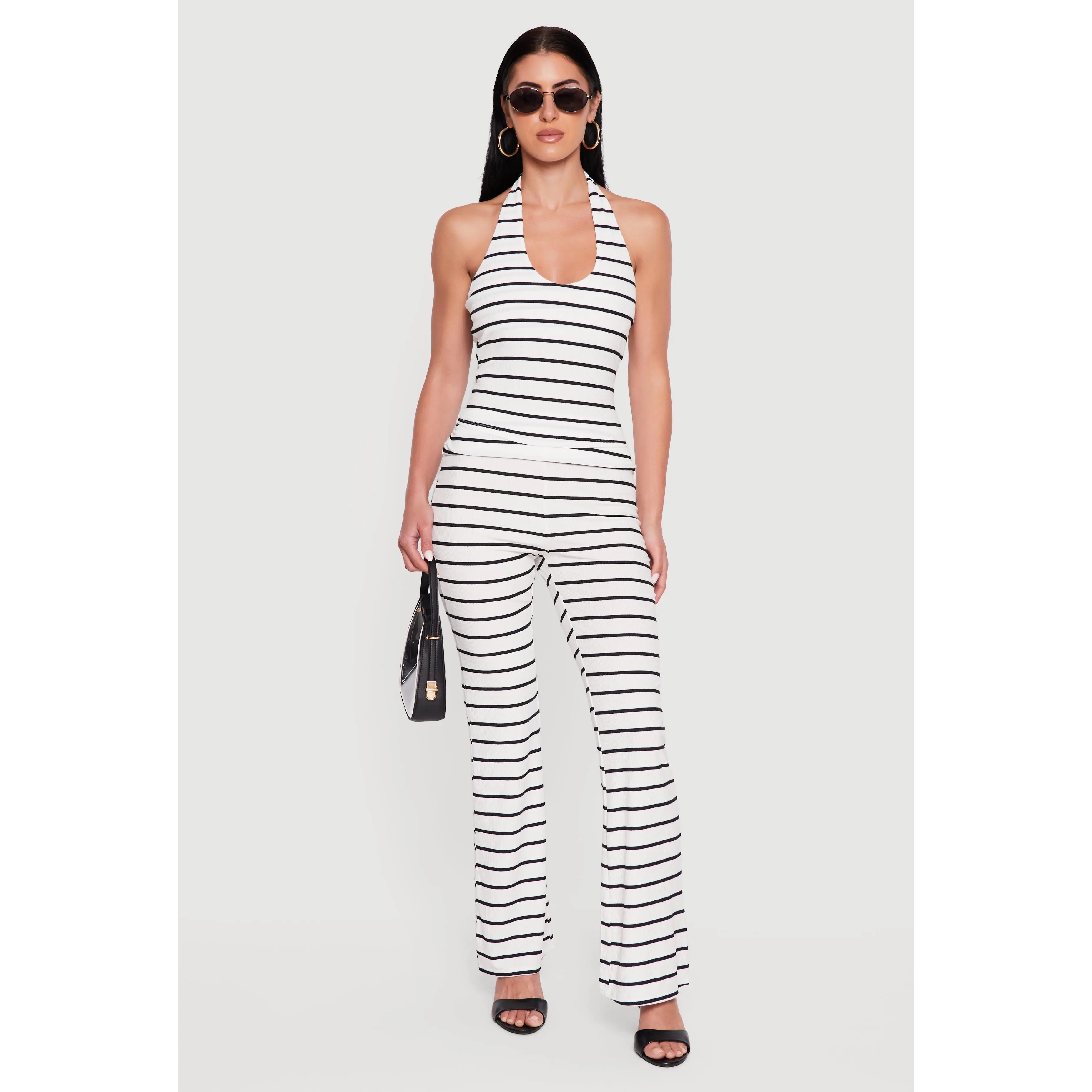 Striped Side Ruched Fold Over Waist Flare Leg Pants