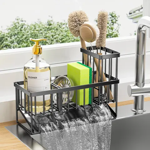 Kitchen Sink Drain Rack, Stainless Steel Sink Storage Rack with Soap Dispenser Tray, Kitchen Sink Organizer, Counter Accessories, Cleaning Organizer, Kitchen Organization Products