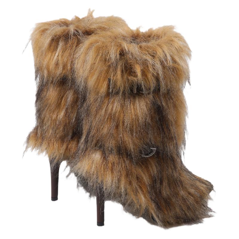 Women's Warm Winter Snow Stilettos Boots Mid-Calf Pointed Toe Furry High Heeled Christmas Holiday Boots Brown Fashionable Walking Shoe