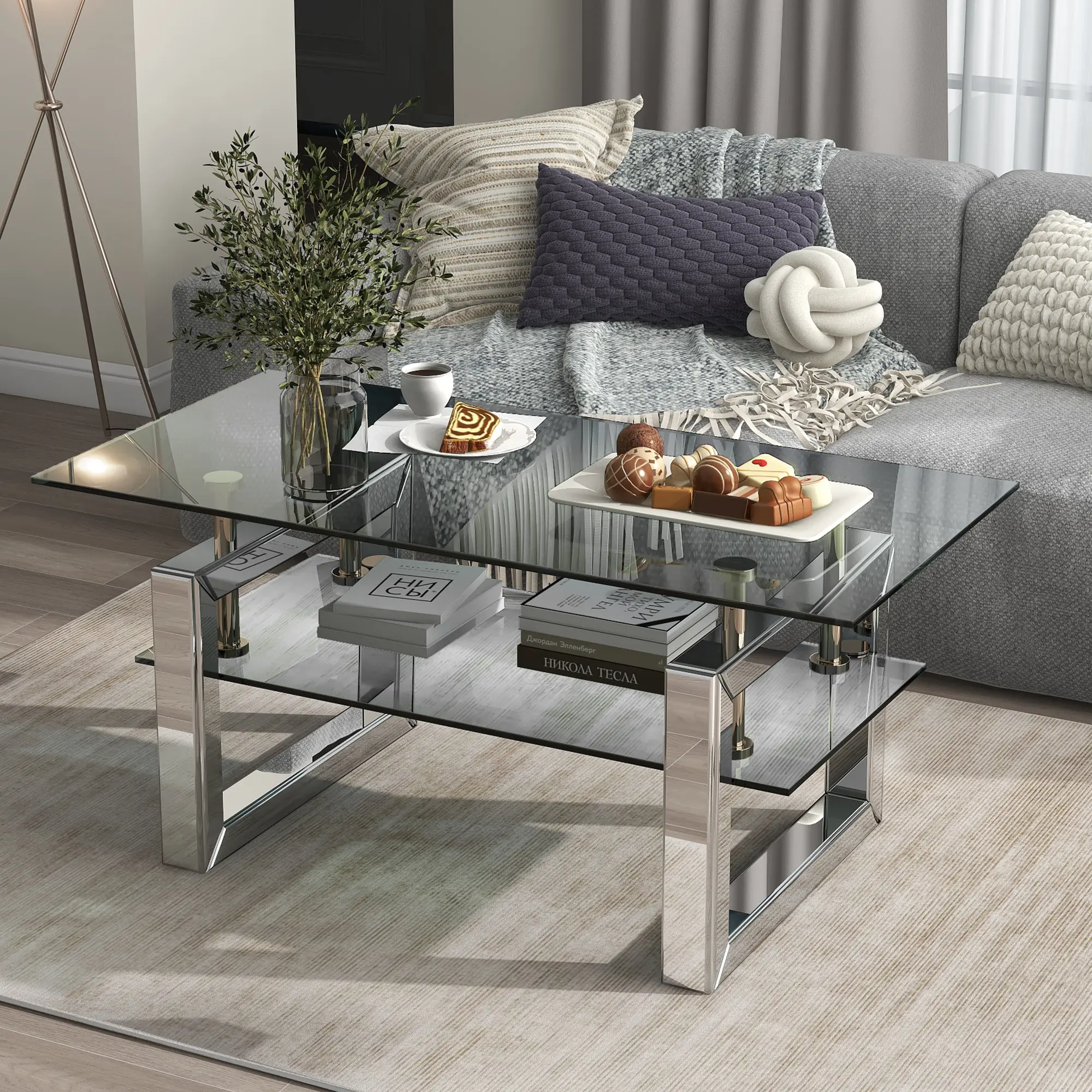 Glass Coffee Table with 2 Tier Glass Boards & Sturdy Metal Legs, Mirrored Clear Rectangle Glass End Table Coffee Tea Table for Home Office