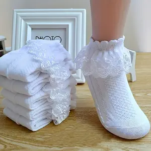 3 Pairs Girl Lace Ruffle Ankle Socks, Breathable Comfort Dance Princess Socks, Floral Lace Design, Soft Stripes, Casual & Special Occasions