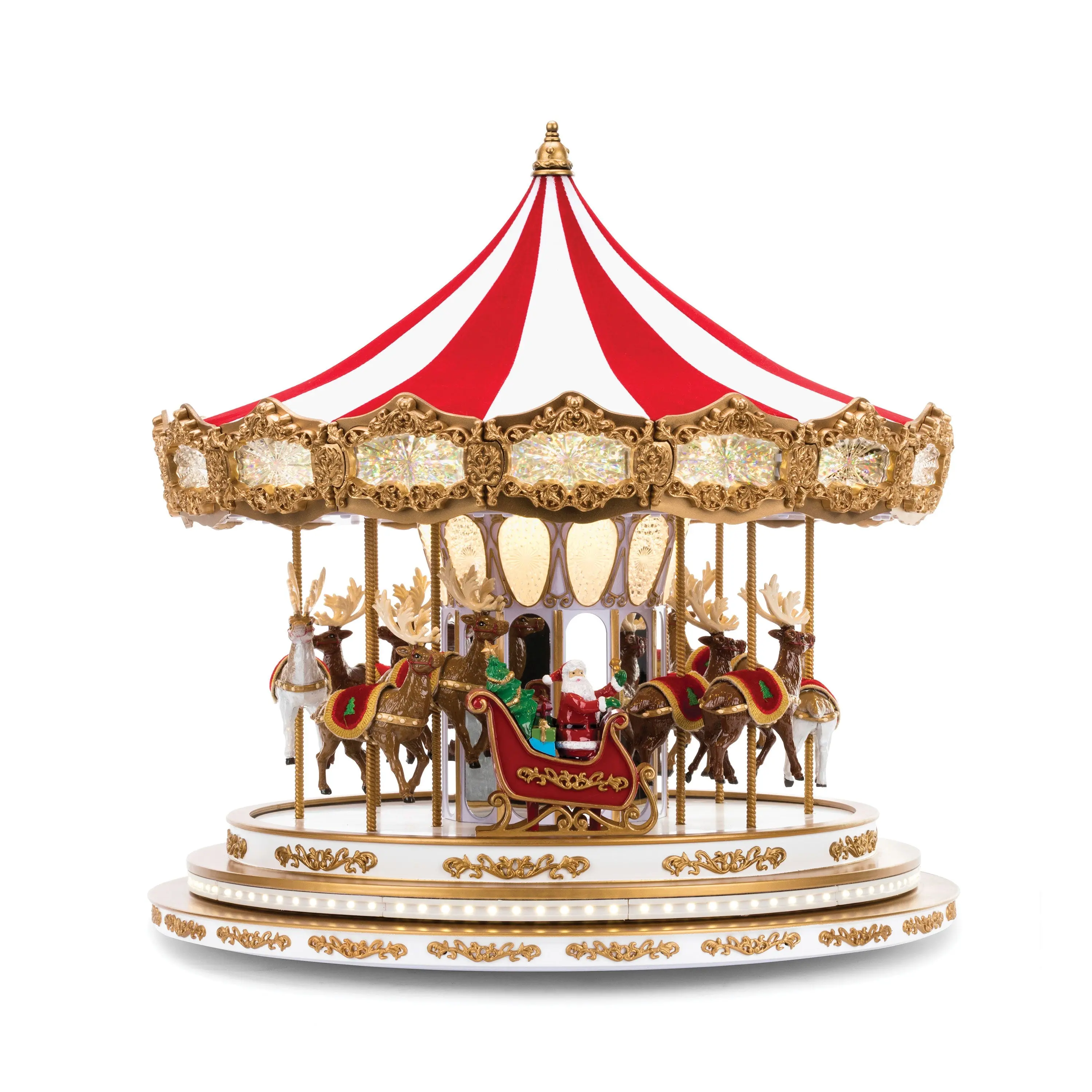 17 in. Regal Christmas Carousel Indoor Lighted Animated Decor, AC-Powered Corded 9Vdc Festive Decoration with Fabric Roof, Gold Filigree Detail, Hand-Painted Design for Home Holiday Use