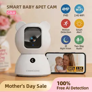 CINMOORE 2.5K 4MP Indoor Security Camera, No Subscription, Person & Pet Detection, PTZ WiFi Baby & Pet Monitor, Full Duplex Two-Way Audio, Color Night Vision, SD Card Local Storage, White (1 Pack)