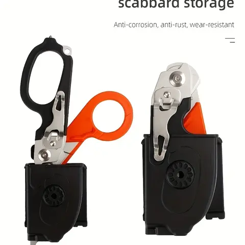 6-in-1 Compact Stainless Steel Foldable Trauma Shears with Holster Secure Sheath - Survival Supplies, Durable Tactical EDC Accessory, Camping Rescue Emergency Gear, Sleek Metallic Finish