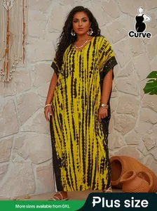 【Plus Size】 Striped Print Drop Shoulder Split V Neck Dress, Boho Short Sleeve Loose Dress for Summer Beach Holiday Vacation, Women's Clothing for Daily Wear, Casual Boho Breathable, Womenswear